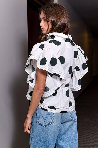 Ruffle Sleeves Pintuck Detail Polka Dot Print Top  TAUPE/NAVY