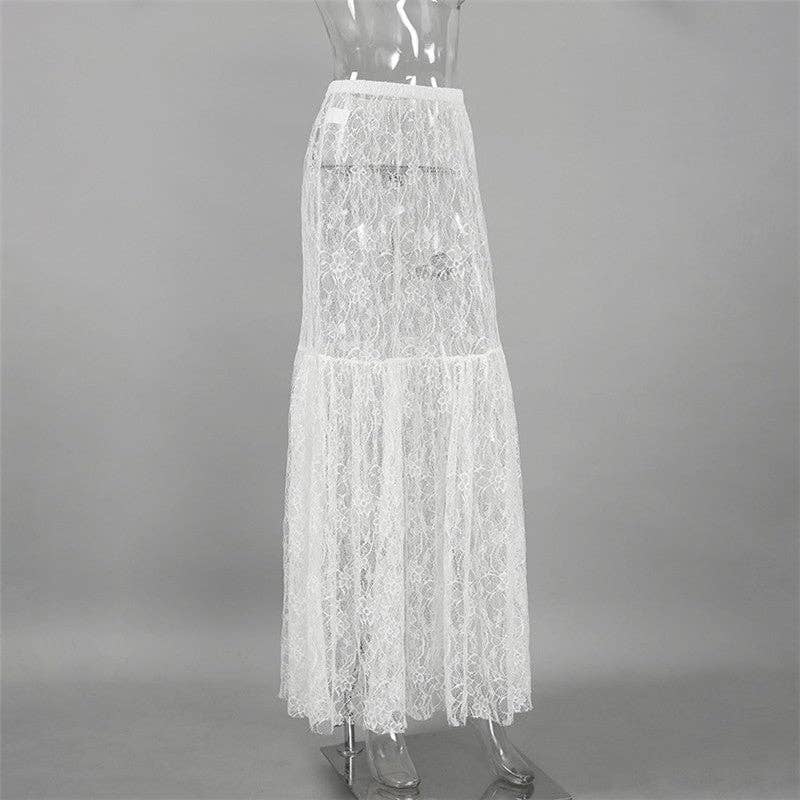 High-Waisted Lace Skirt - White Floral Lace
