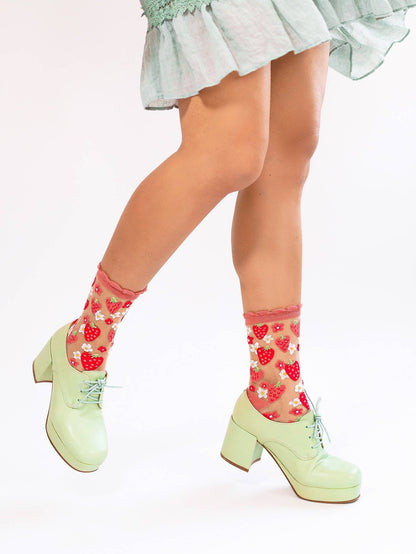 Strawberry Daisy Ruffle Sheer Crew Sock