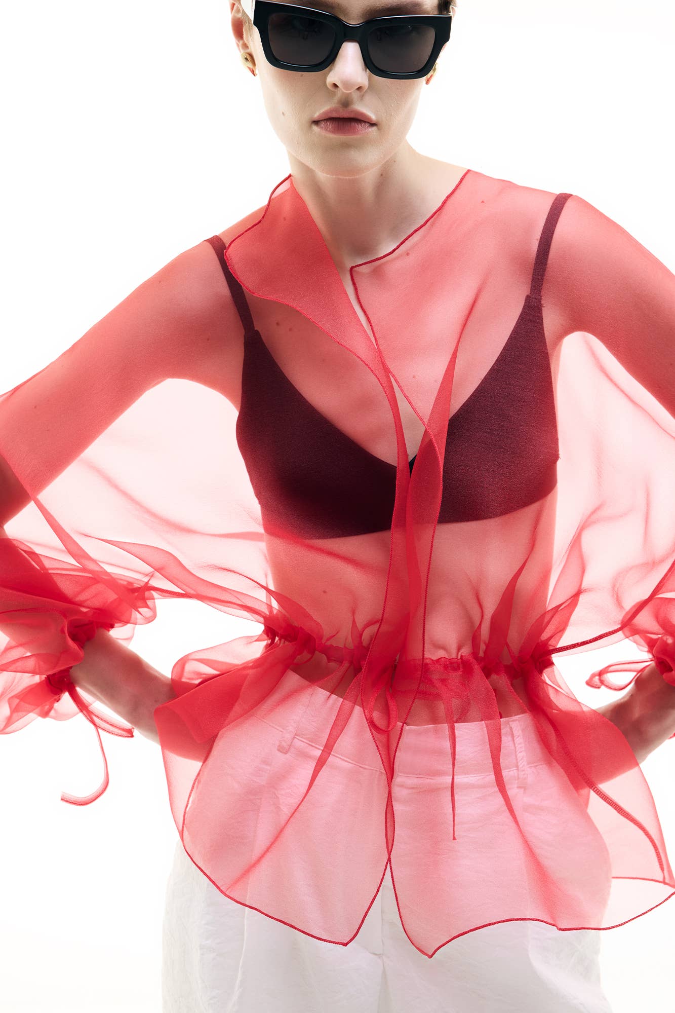 Sheer Organza Jacket with Waist Binding Detail: Red