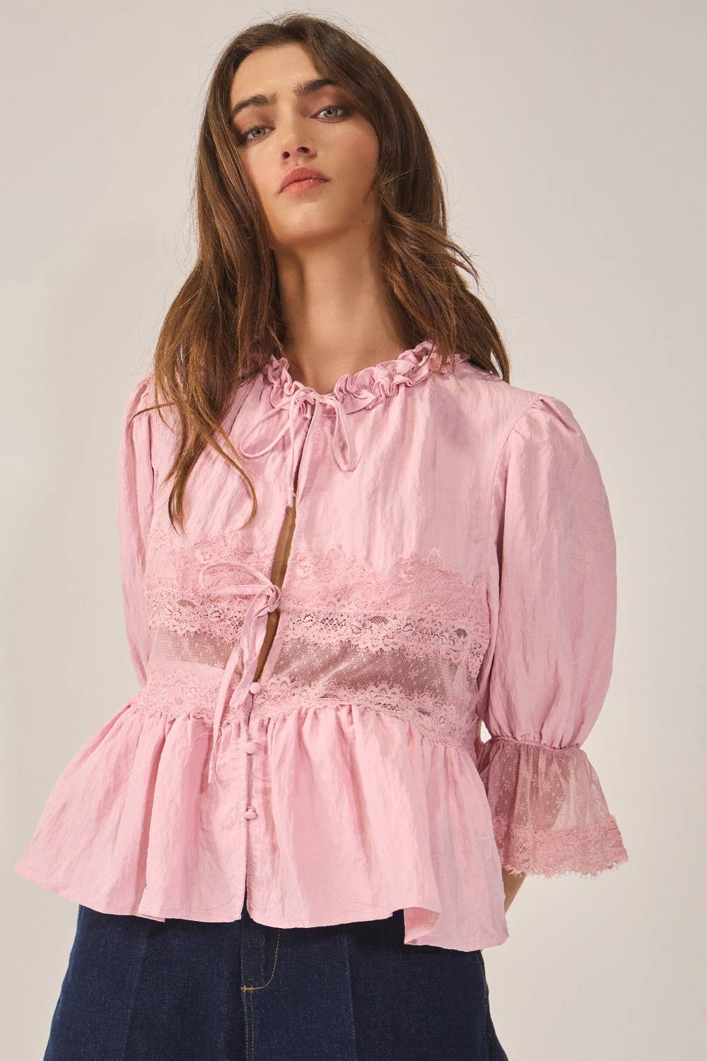 Split Front Sheer Lace Top in Mauve