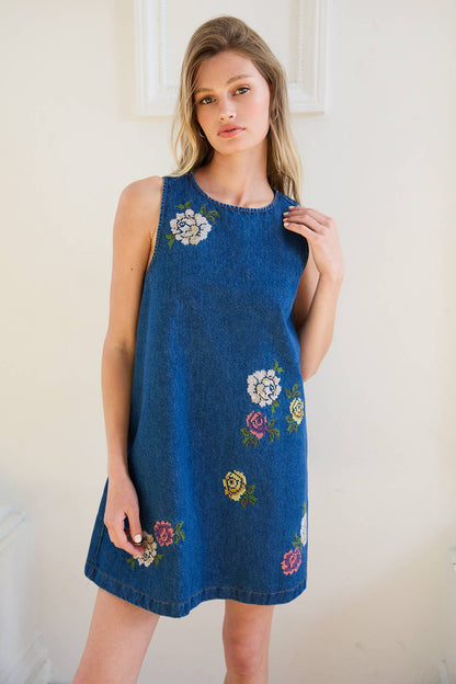 Floral Embroidered Denim Sleeveless Dress: DENIM