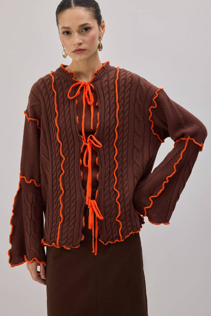 Contrast Trim Knit Cardigan with Tie Front – Statement Cable: Brown / S
