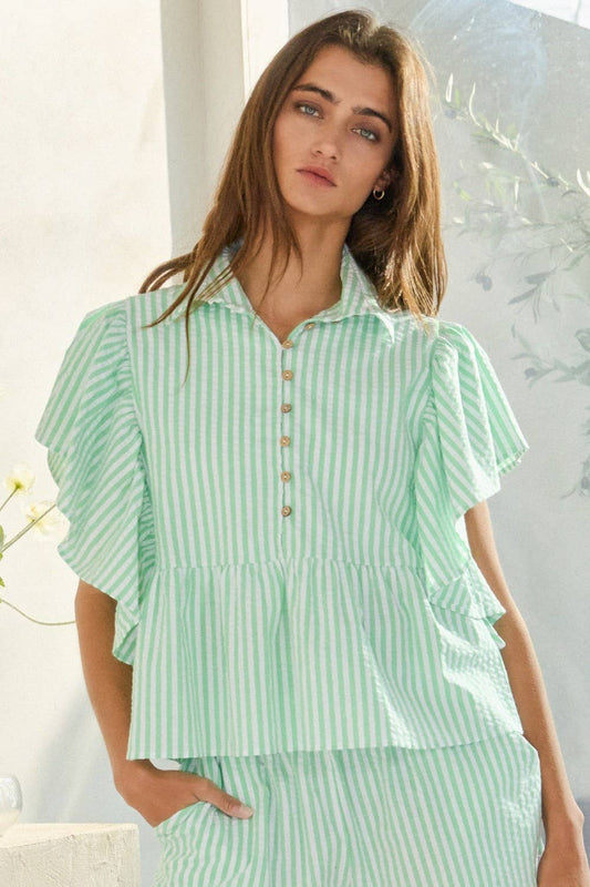 Ruffle Sleeves Pintuck Detail Striped Shirt Top - Green