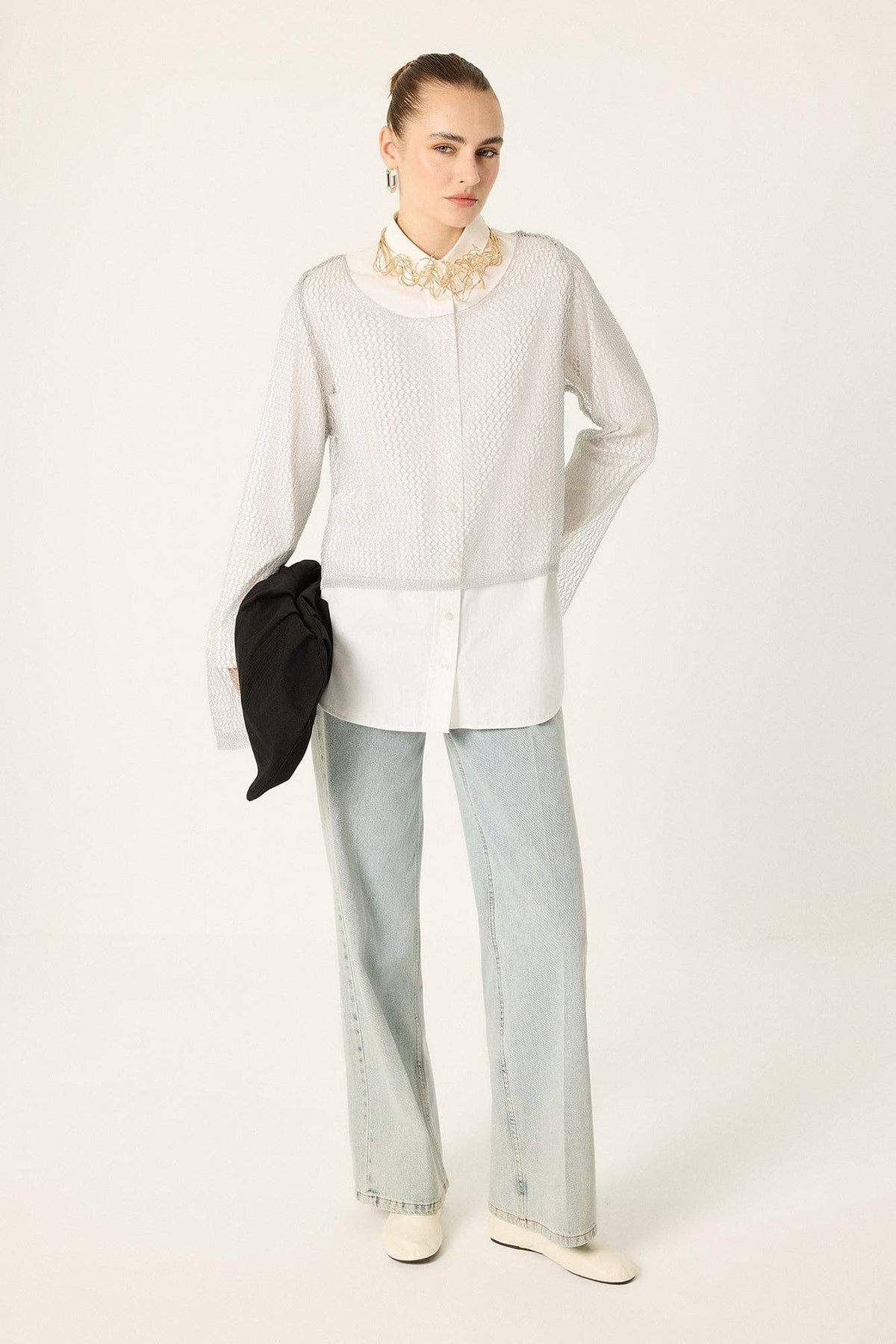 Openwork Knit Lace Blouse - Silver