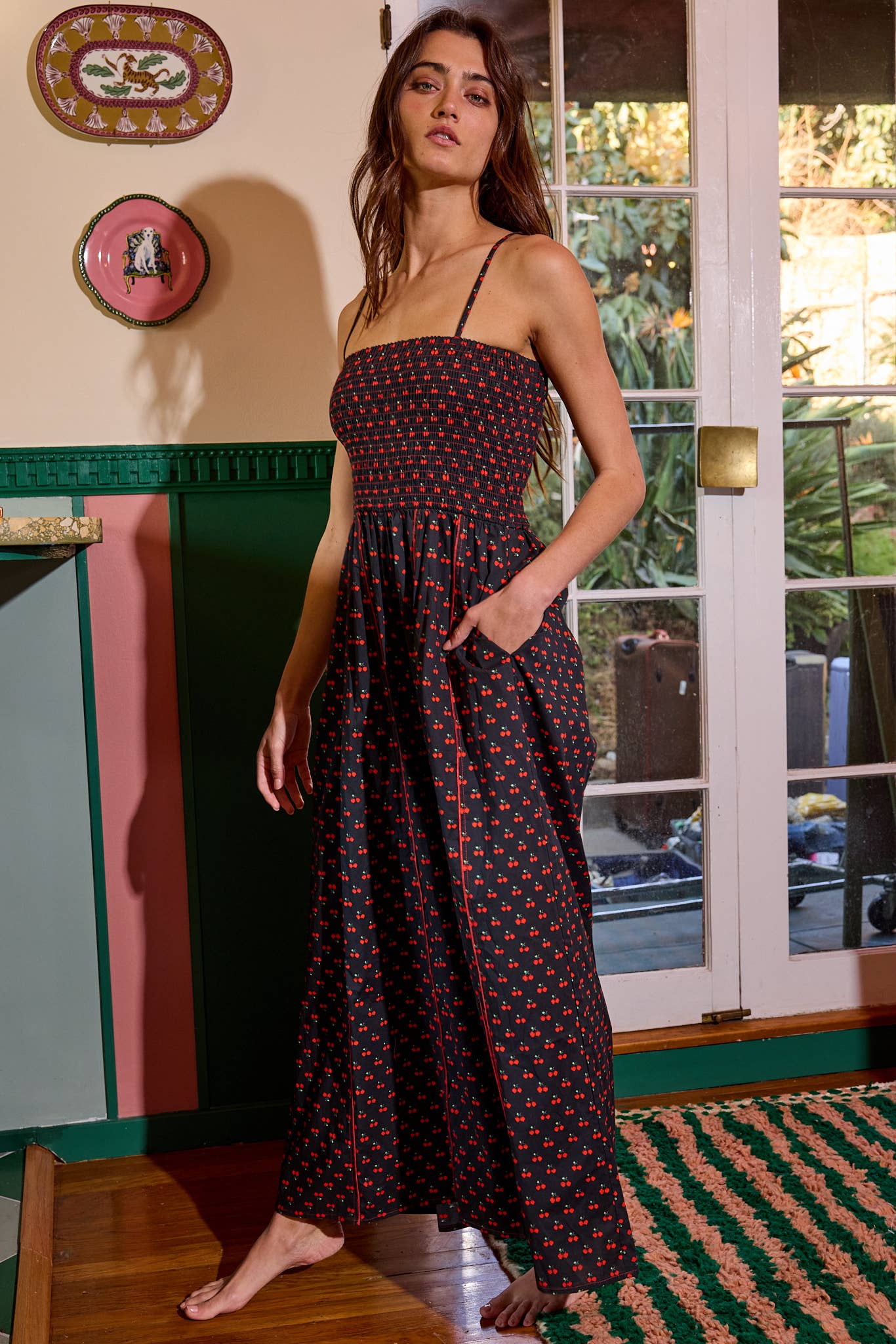 Smocked Detail Print Jumpsuit: Black