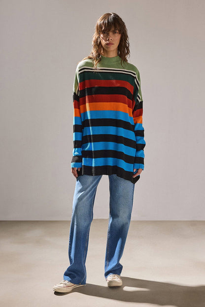 Multicolor Striped Ribbed Mock Neck Sweater