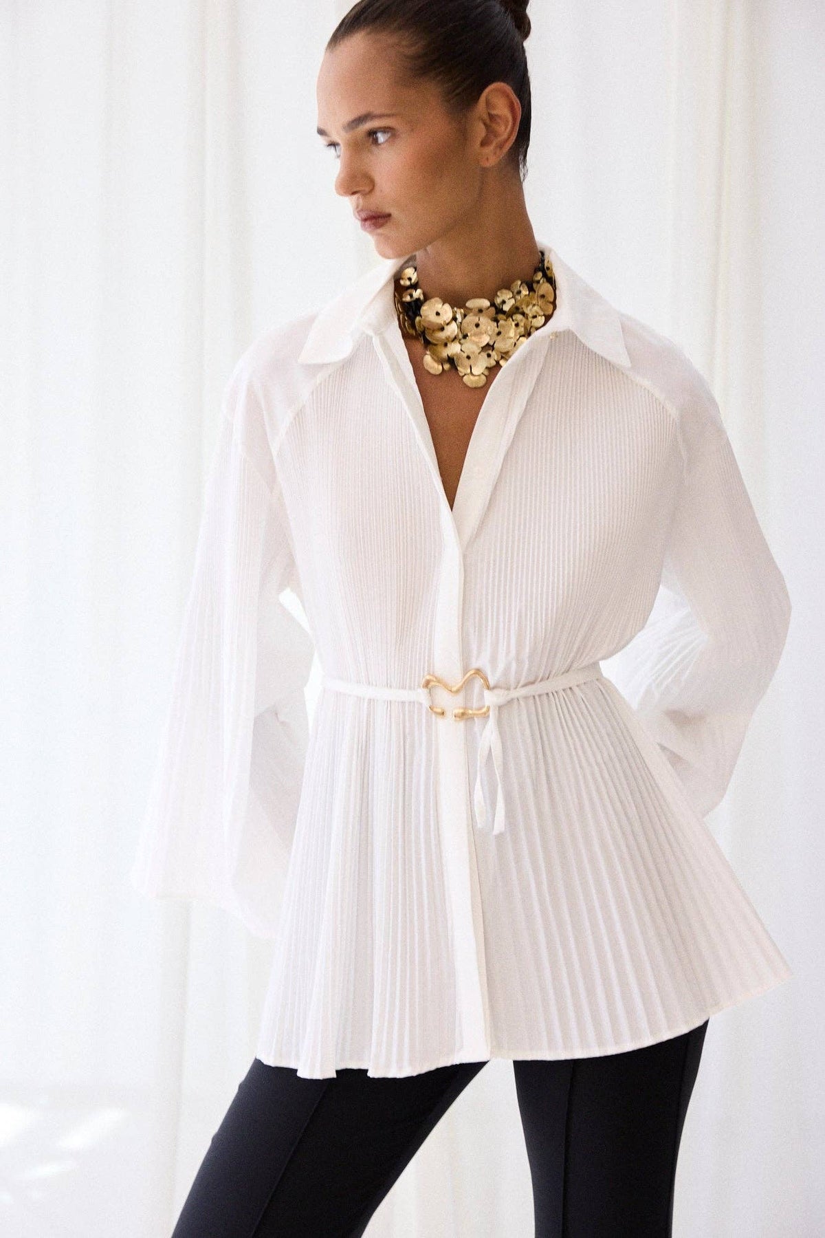 Pleated Belted Cotton Blend Longline Shirt: Ecru / Standart