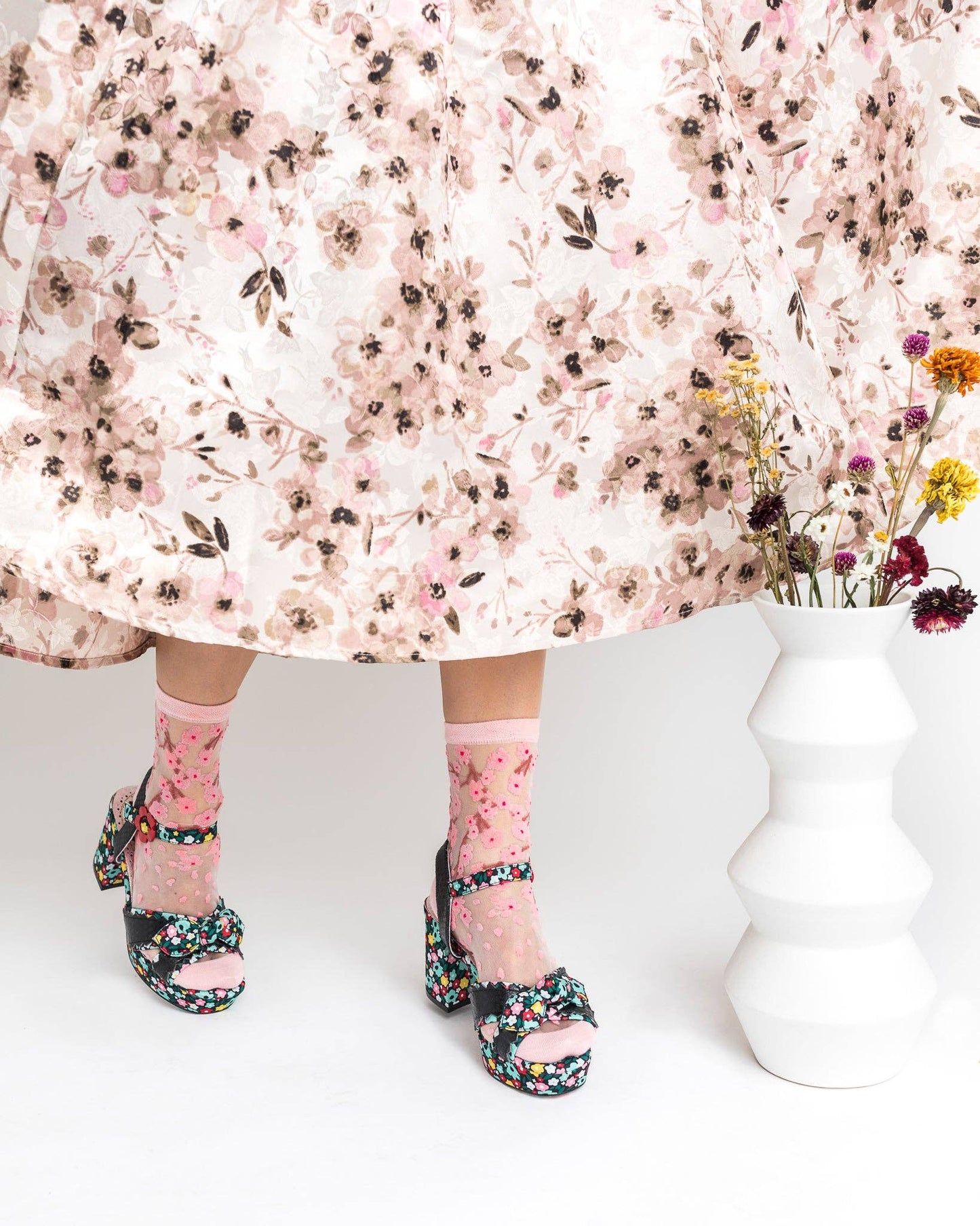 Cherry Blossom Sheer Crew Sock: Size I: Fits US W5.5-10