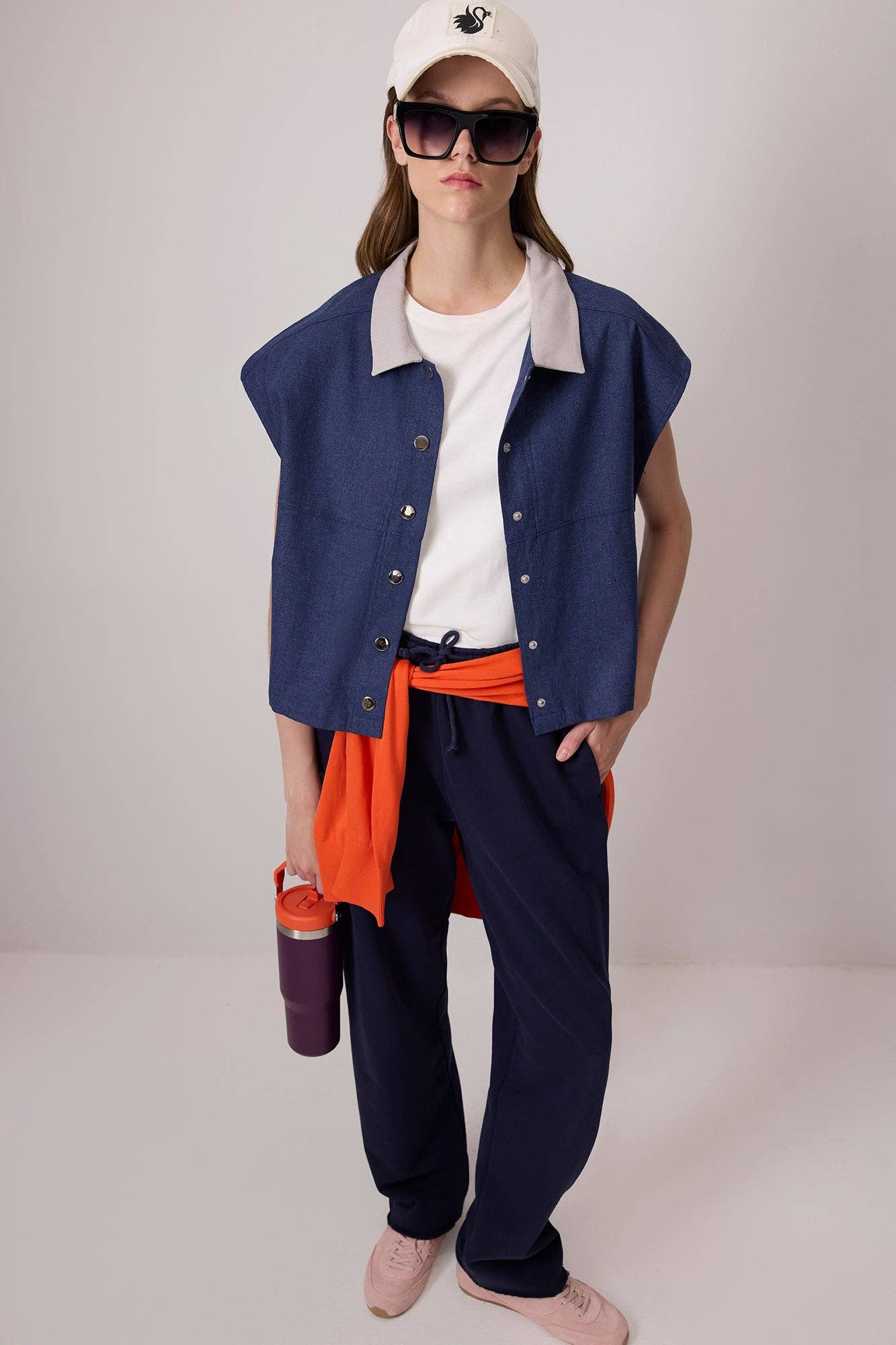 Oversized Linen Blend Vest – Relaxed Button-Front Sleeveless: Navy Blue
