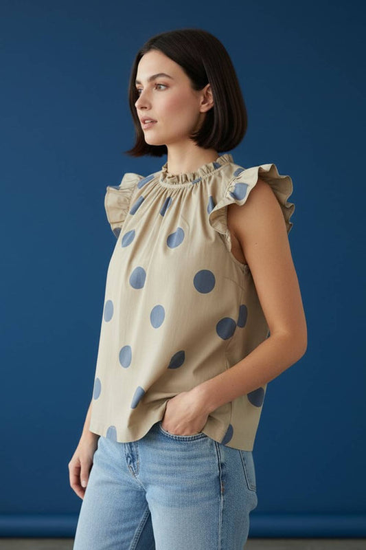 Gina | Ruffled Neck & Shoulder Polka Dot Blouse Top : TAUPE/NAVY