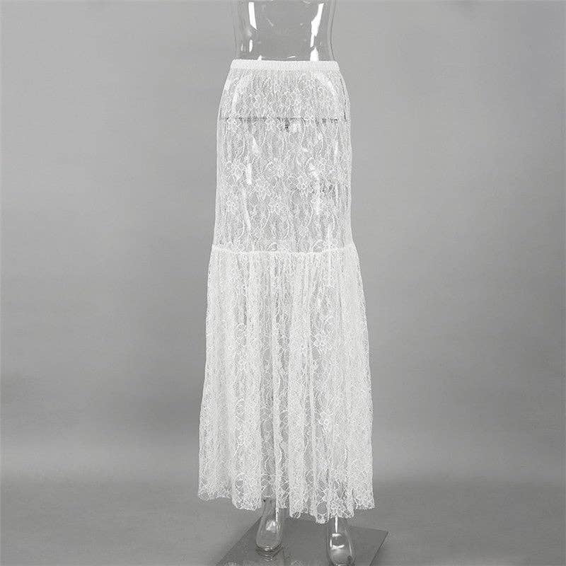 High-Waisted Lace Skirt - White Floral Lace