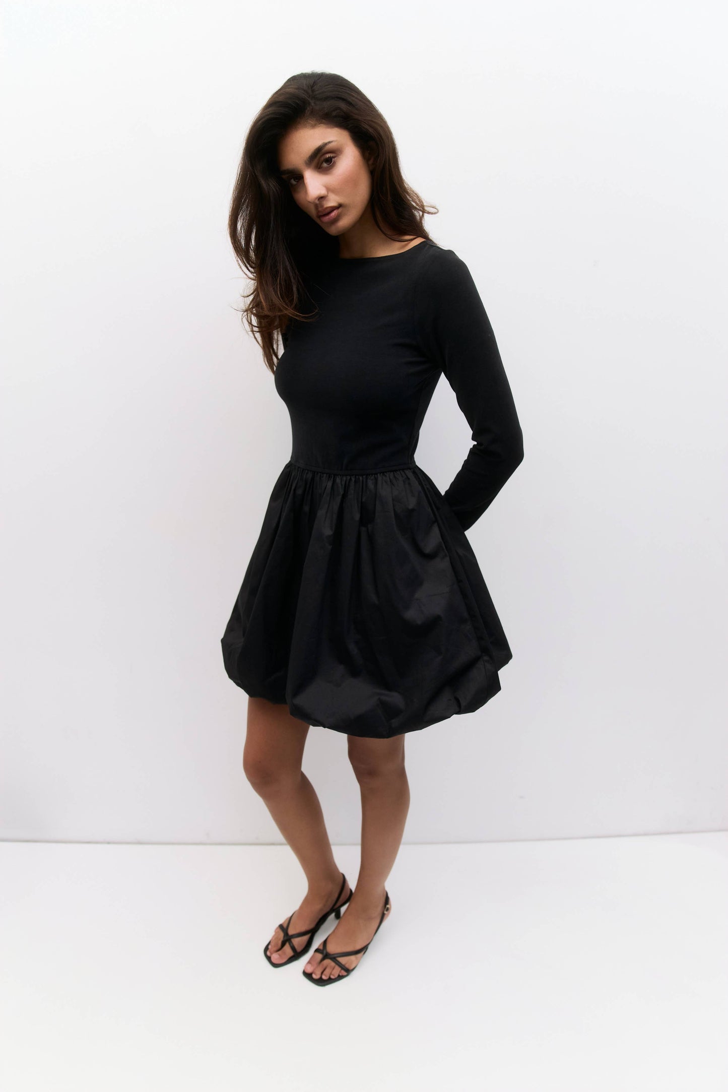 The Yasmin Dress | Long Sleeve Mini Bubble Dress: BLACK-CREAM