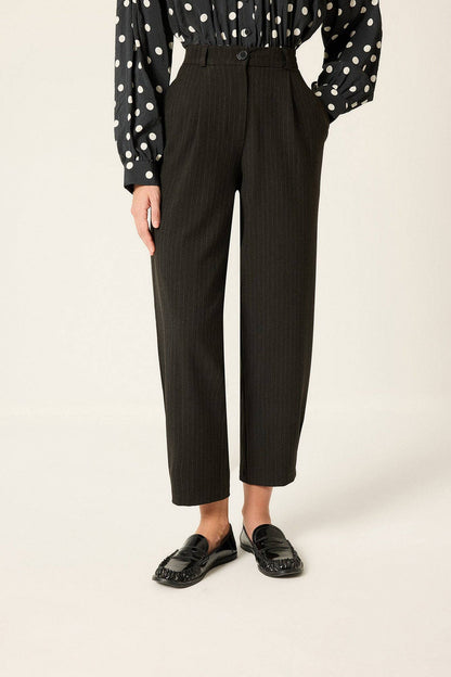 Carrot-Cut Pants with Pencil-Striped Legs: Brown / S