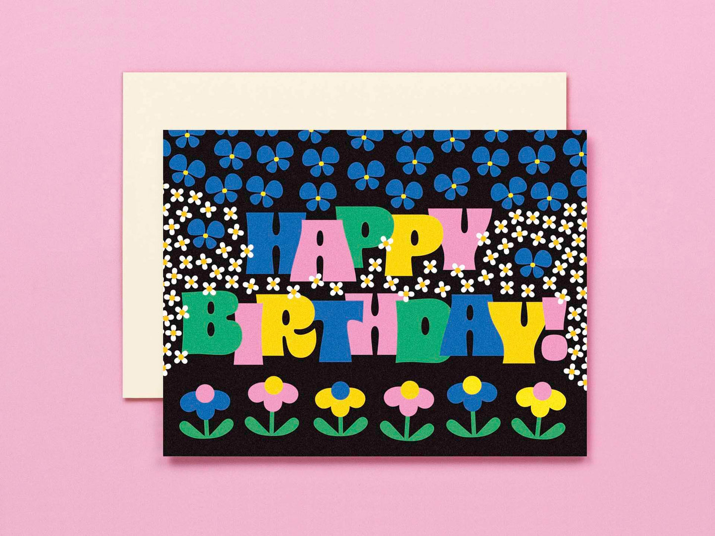Birthday Garden • Typographic Retro Flowers Birthday Card: Min