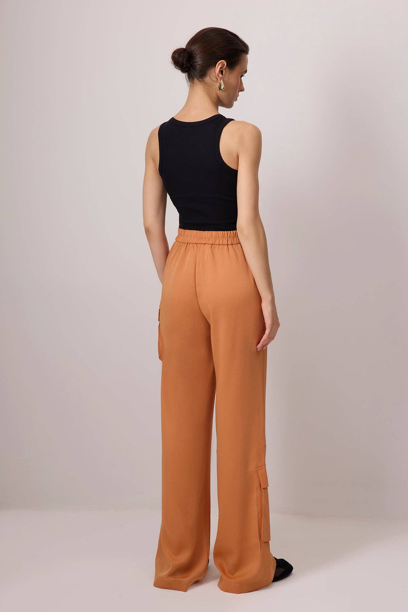 Satin Wide-Leg Statement Cargo Pants – High-Waist Relaxed: Orange