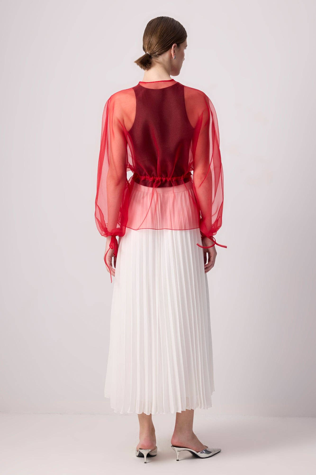 Sheer Organza Jacket with Waist Binding Detail: Red