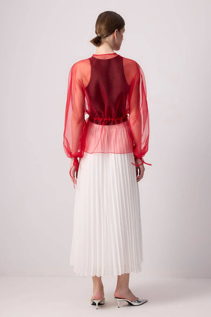 Sheer Organza Jacket with Waist Binding Detail: Red