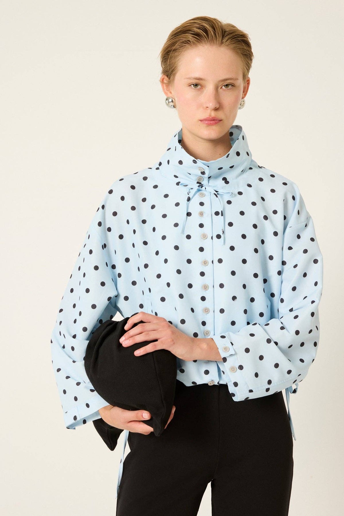 Polka Dot Cropped Bomber Jacket - Blue