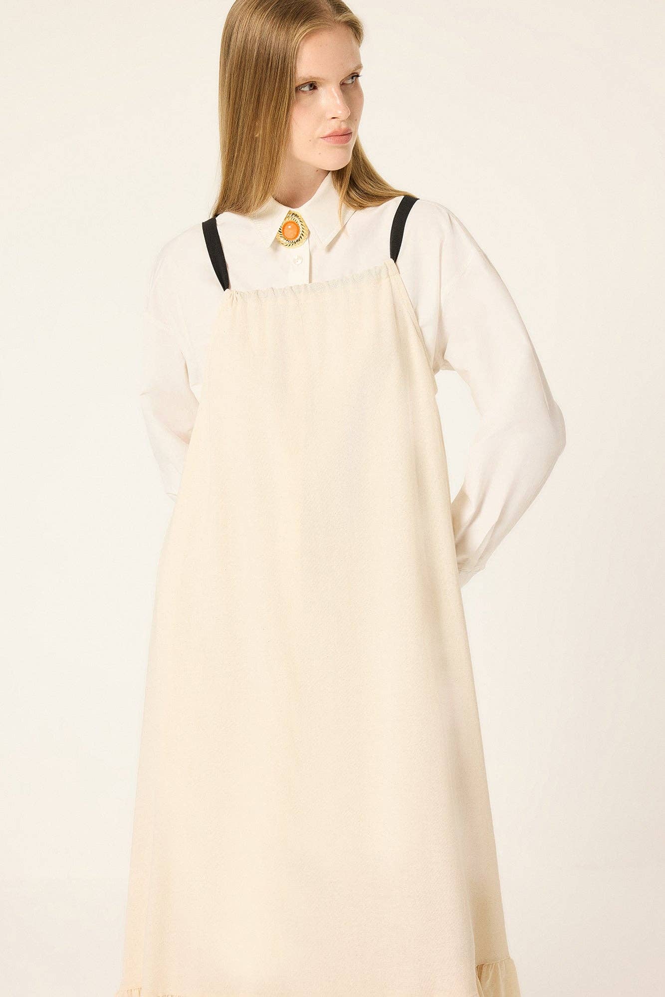 Elouise: Tie-Neck Relaxed Maxi Dress: Beige