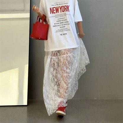 High-Waisted Lace Skirt - White Floral Lace