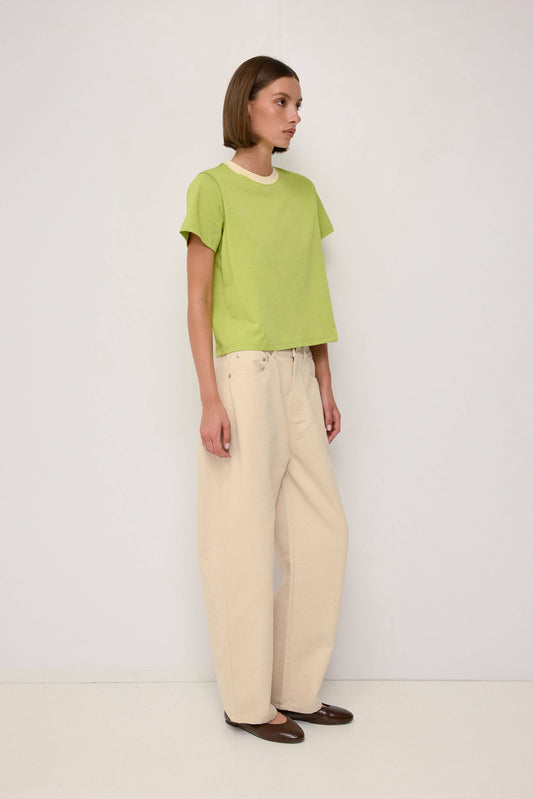 The Chloe Top | Contrast Neckband Tee: GREEN-CREAM