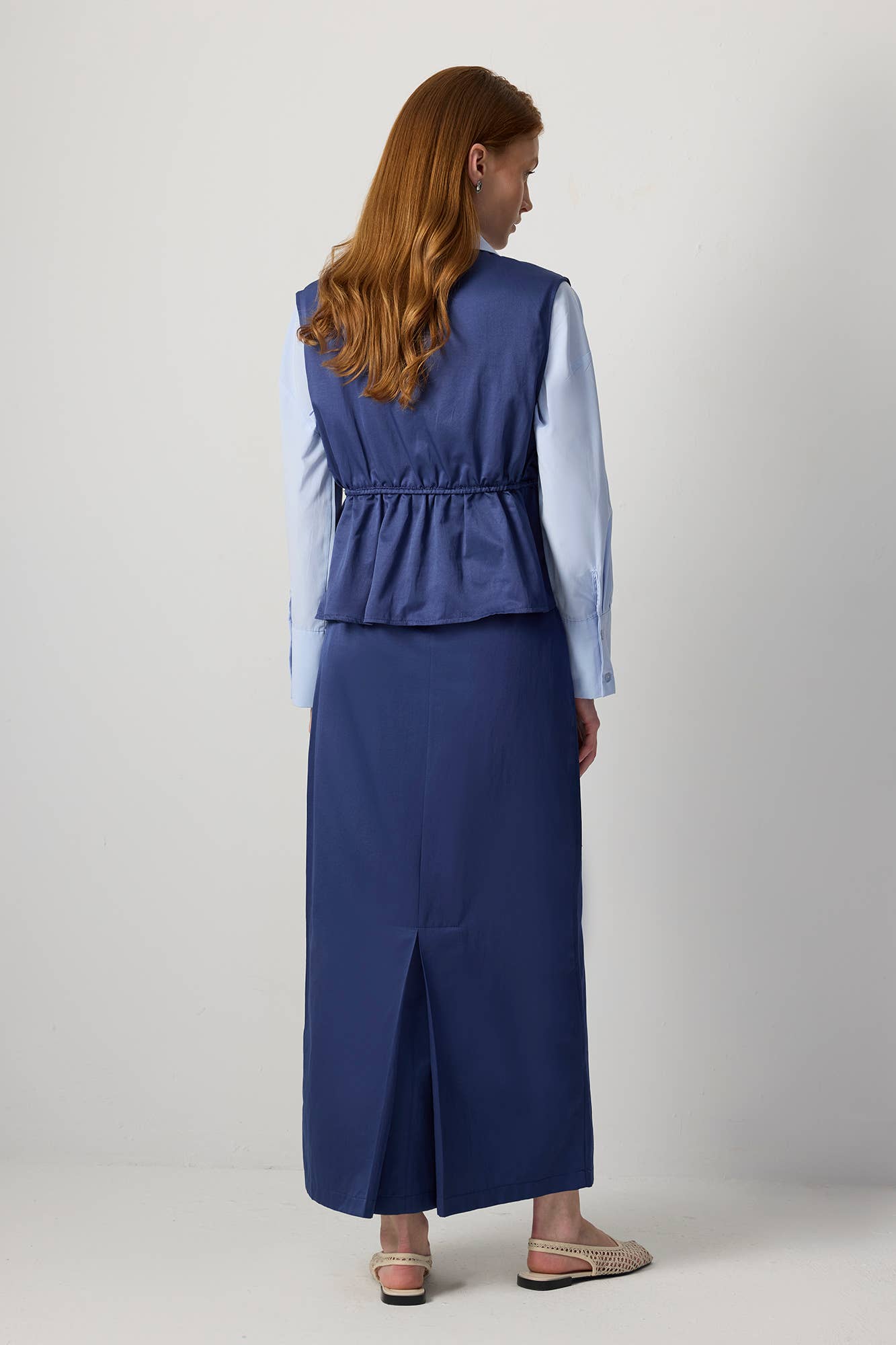 Drawstring Waist Utility Vest – Relaxed Cotton Blend Top: Navy Blue