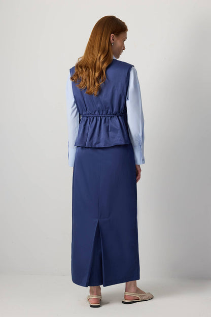 Drawstring Waist Utility Vest – Relaxed Cotton Blend Top: Navy Blue