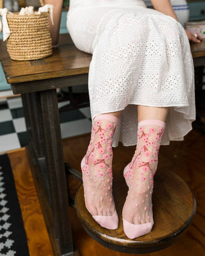 Cherry Blossom Sheer Crew Sock: Size I: Fits US W5.5-10