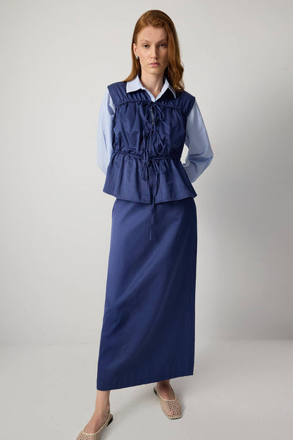 Drawstring Waist Utility Vest – Relaxed Cotton Blend Top: Navy Blue