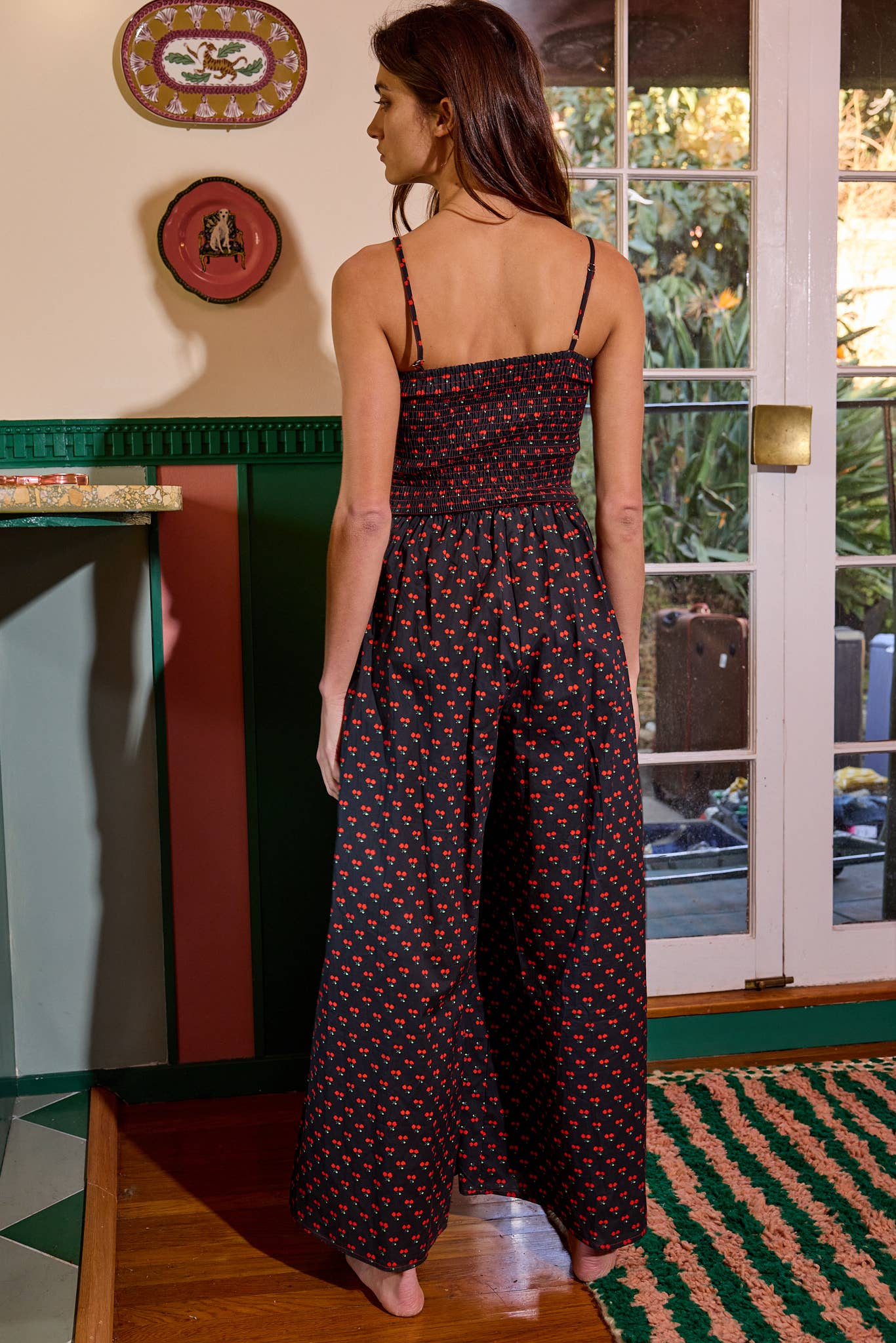 Smocked Detail Print Jumpsuit: Black