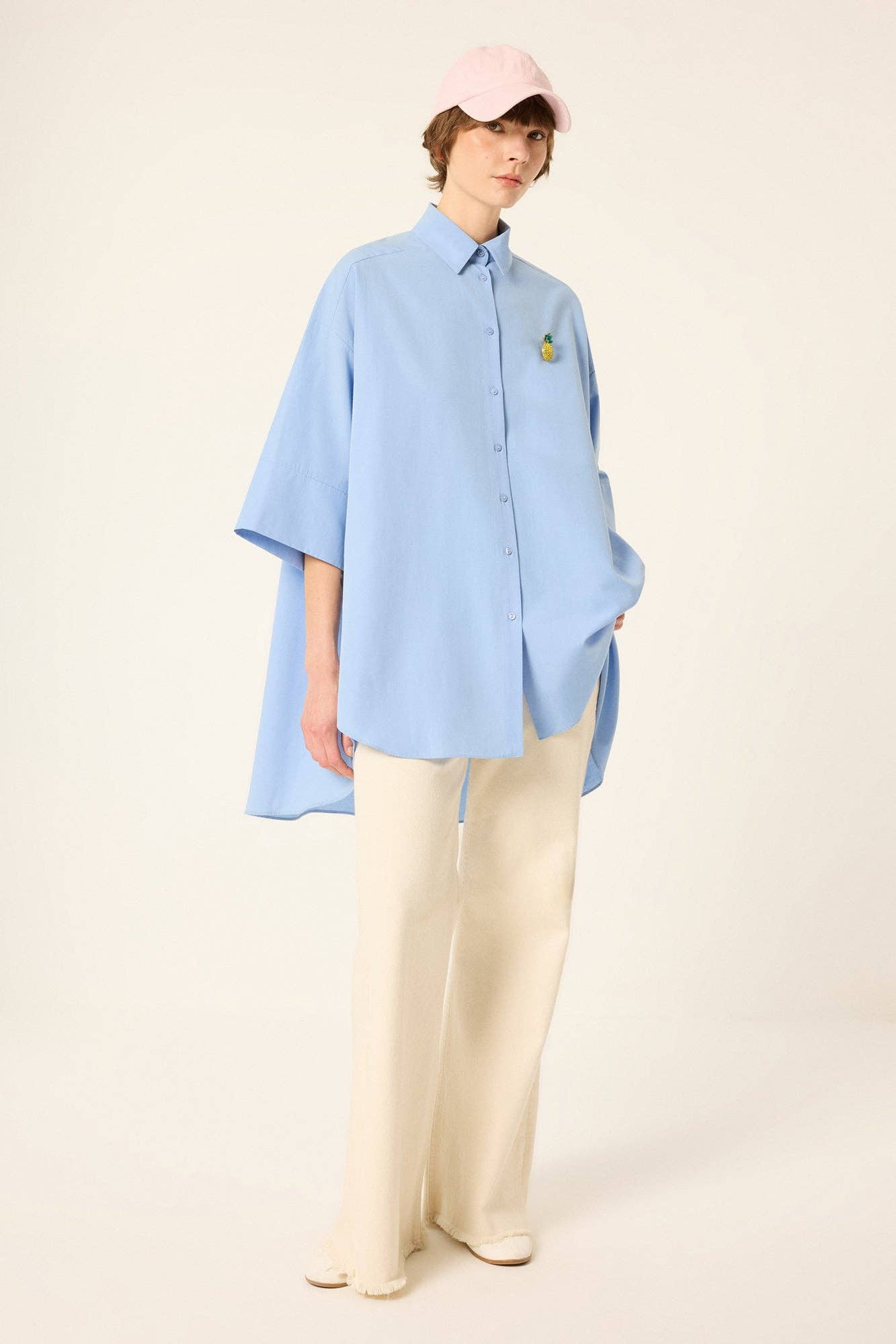 Toby: Oversized Poplin Shirt with Embroidered Detail: Blue / One Size