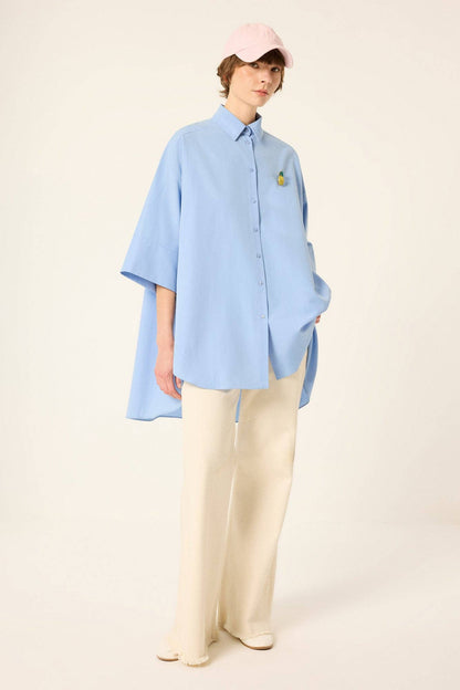 Toby: Oversized Poplin Shirt with Embroidered Detail: Blue / One Size