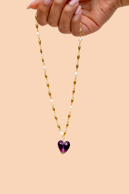 Jill Necklace - 24K Gold Plated + Fresh Water Pearl: Ruby