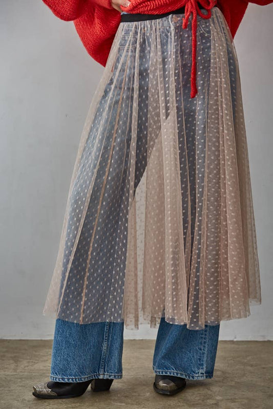 Tabitha Woven Polyester Mesh Swiss Dots See Through Skirt: Blush
