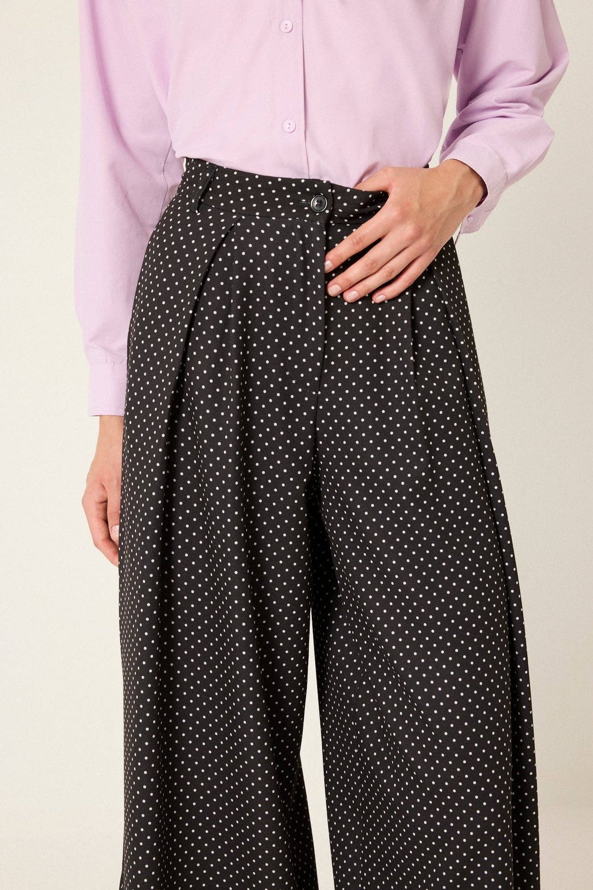 Polka Dot Pleated Wide-Leg Pants: Black / S