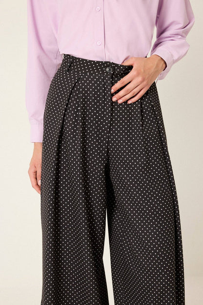 Polka Dot Pleated Wide-Leg Pants: Black / S