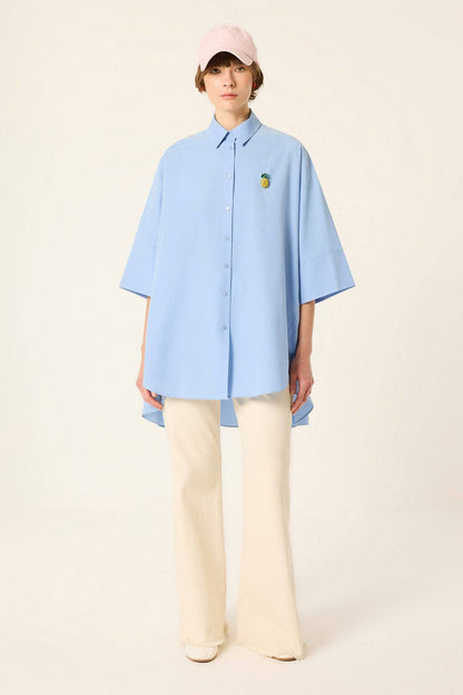 Toby: Oversized Poplin Shirt with Embroidered Detail: Blue / One Size