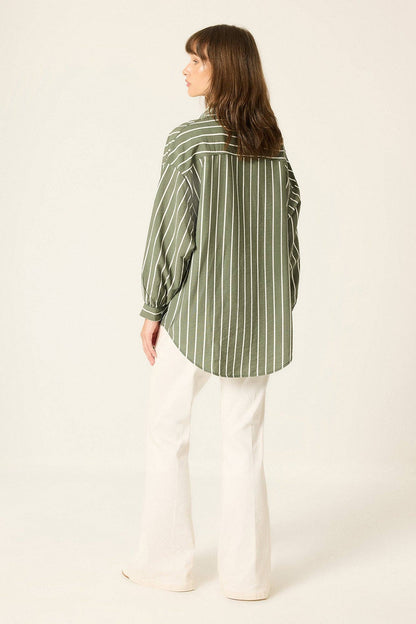 Striped Relaxed Poplin Shirt: Khaki / L