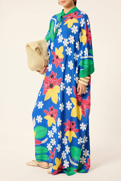 Lola - Tropical Floral Print Viscose Maxi Dress: Navy Blue / One Size