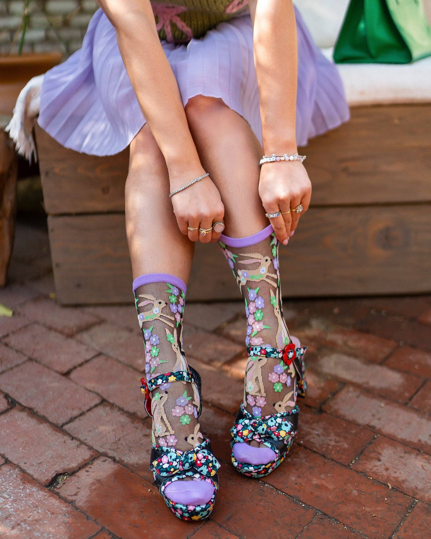 Rabbit Floral Black Sheer Crew Sock