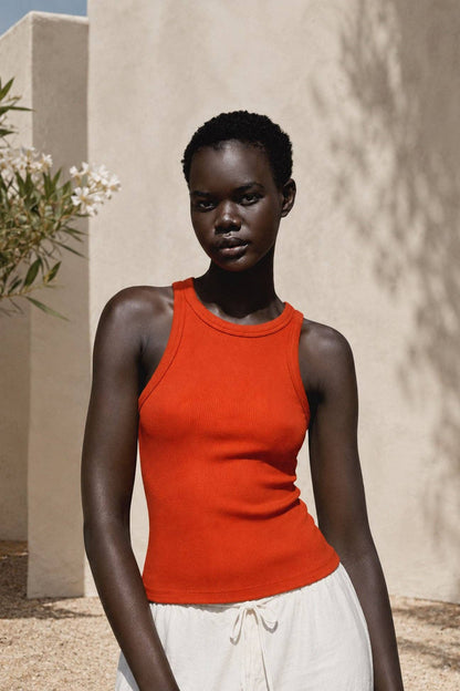 Cotton Ribbed Sleeveless Tank - Red/Orange