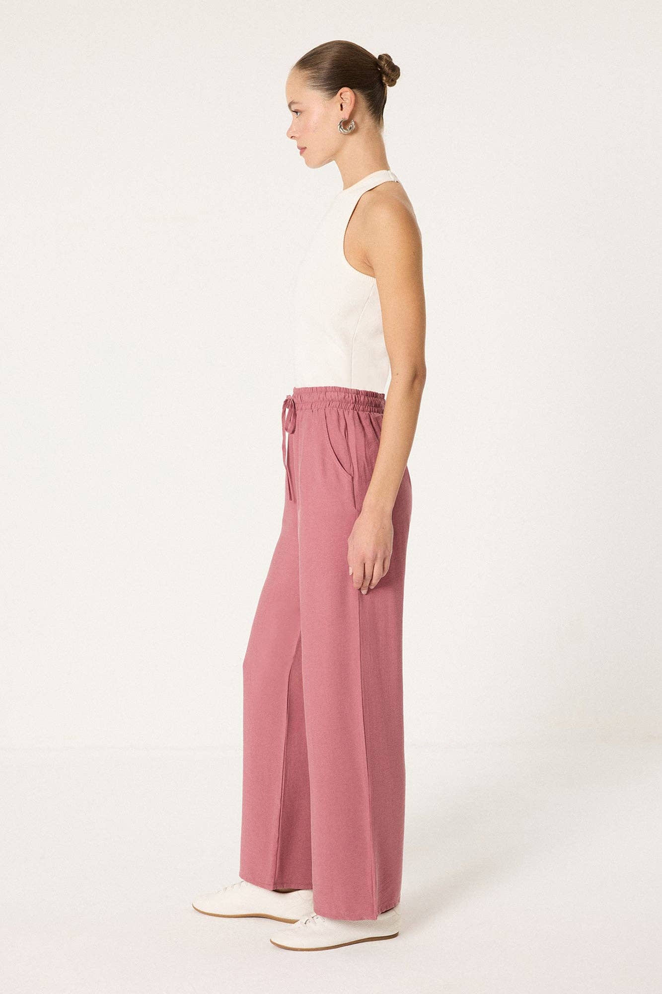 Wide-Leg Cotton Pants – Elastic Waist Relaxed Fit: Pink