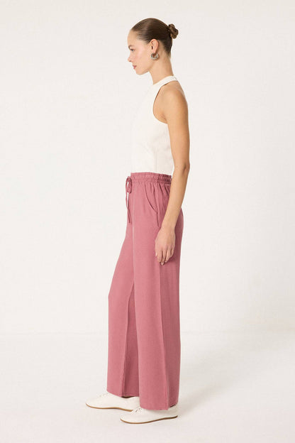 Wide-Leg Cotton Pants – Elastic Waist Relaxed Fit: Pink