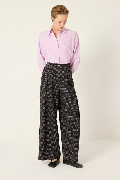 Polka Dot Pleated Wide-Leg Pants: Black / S