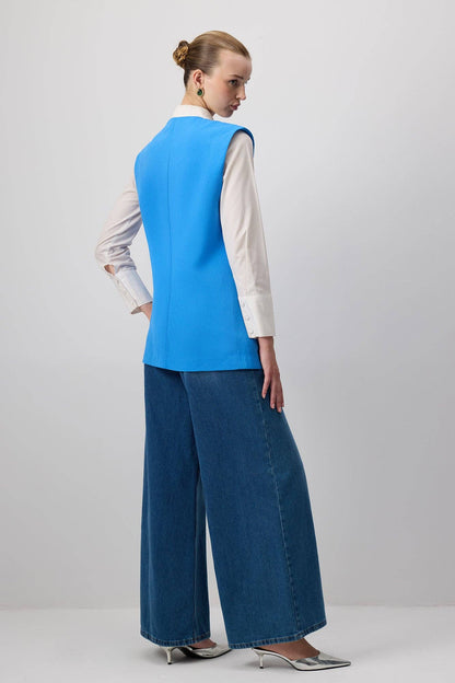 Tailored Linen Blend Vest – Structured Sleeveless Blazer Top: Blue