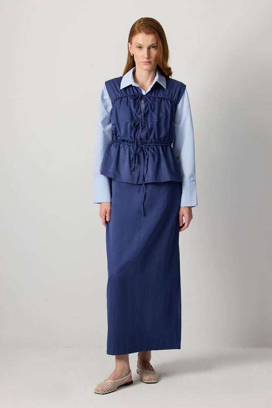 Drawstring Waist Utility Vest – Relaxed Cotton Blend Top: Navy Blue
