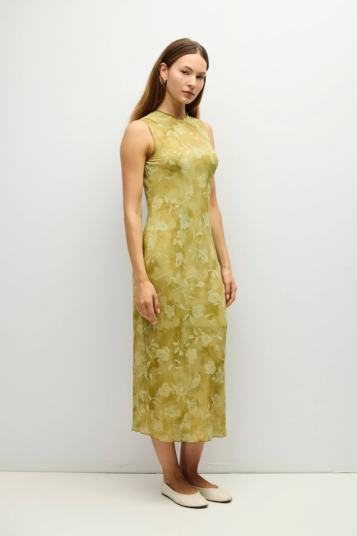 The Zoe Dress | Midi Dress Floral Dress with Mock Neck: Chartreuse