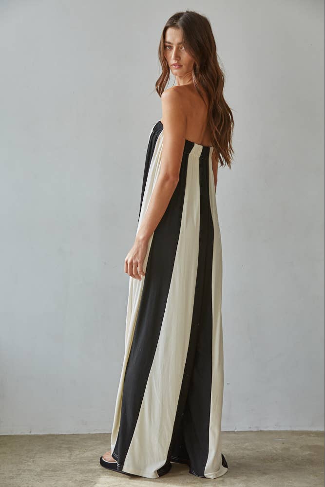Tilly | Knit Viscose Spandex Striped Tube Wide Leg Jumpsuit: Black Cream