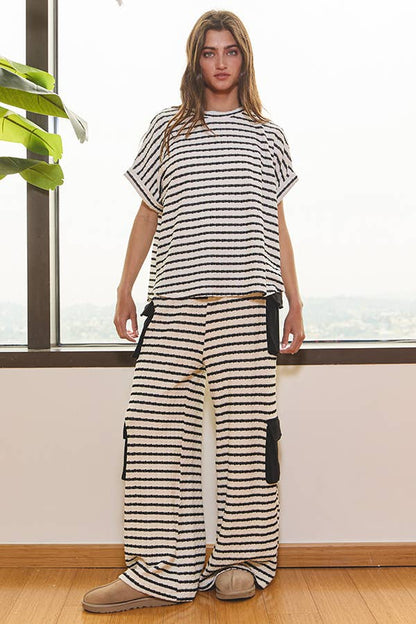 Striped Cargo Wide-Leg Pants in Black